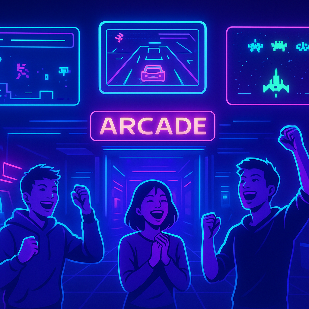 ArcadeArc hero montage: neon UI, crowds, gameplay